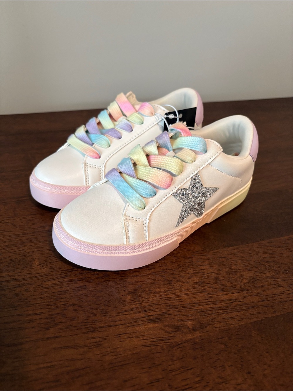Kids White Sneakers with Pastel Rainbow Laces and Silver Star
